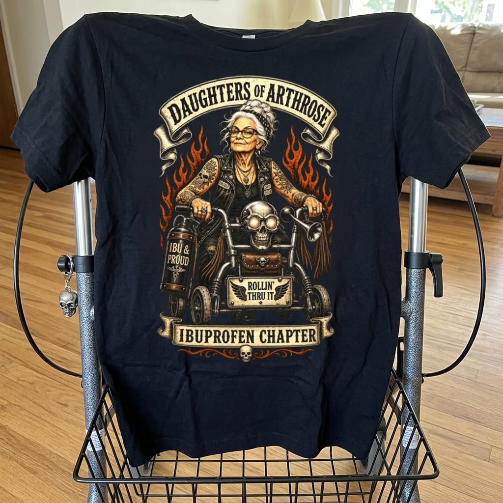 Frau trägt schwarzes T-Shirt mit humorvollem Biker-Motiv für Seniorinnen