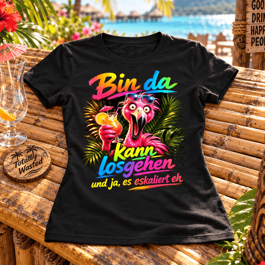 Schwarzes T-Shirt mit lustigem Flamingo Spruch Bin da kann losgehen