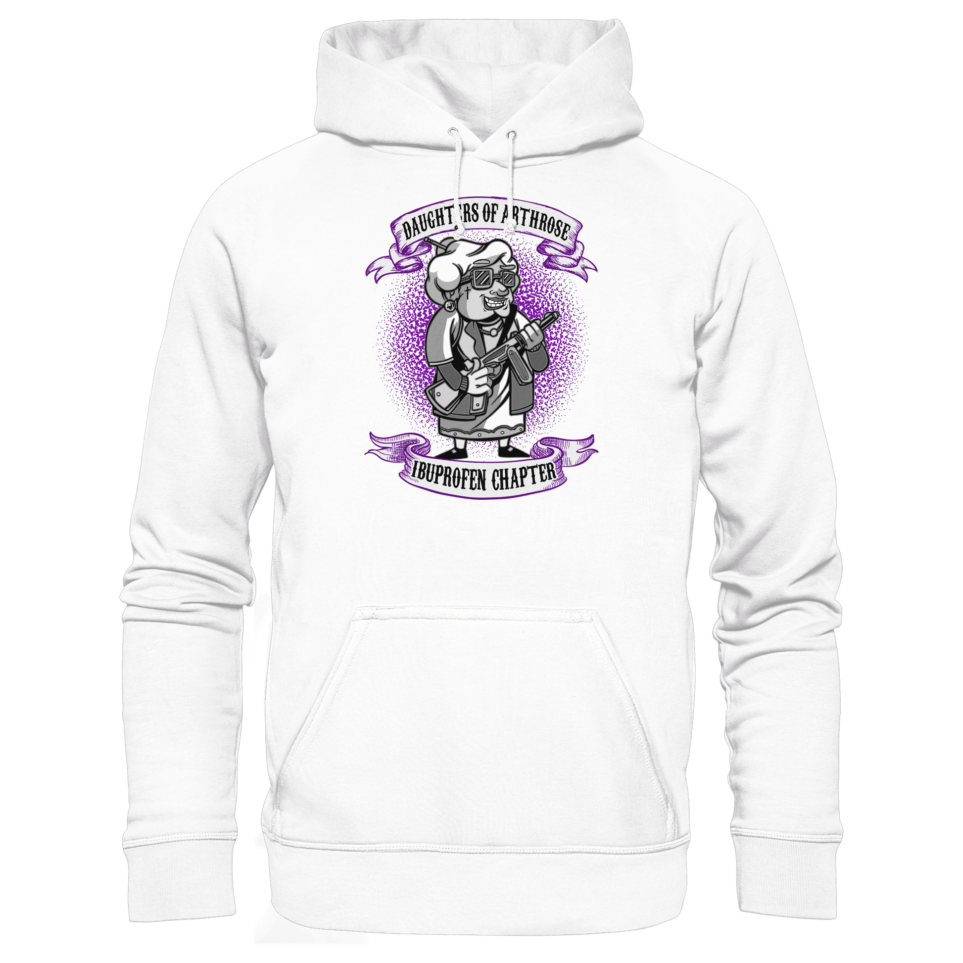 Weißer Hoodie mit sarkastischem Spruch Daughters of Arthrose Ibuprofen Chapter