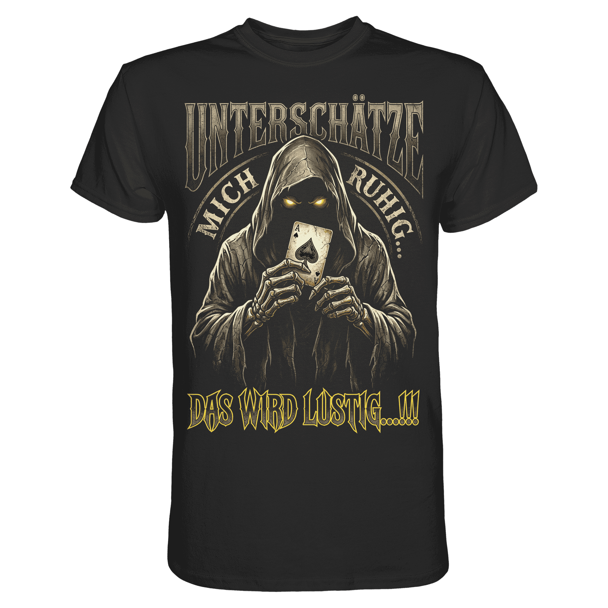 Schwarzes T-Shirt mit sarkastischem Spruch Unterschätze mich ruhig das wird lustig