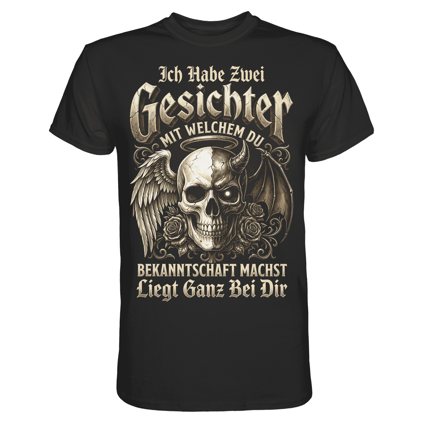 Schwarzes T-Shirt mit sarkastischem Engel Teufel Totenkopf Spruch