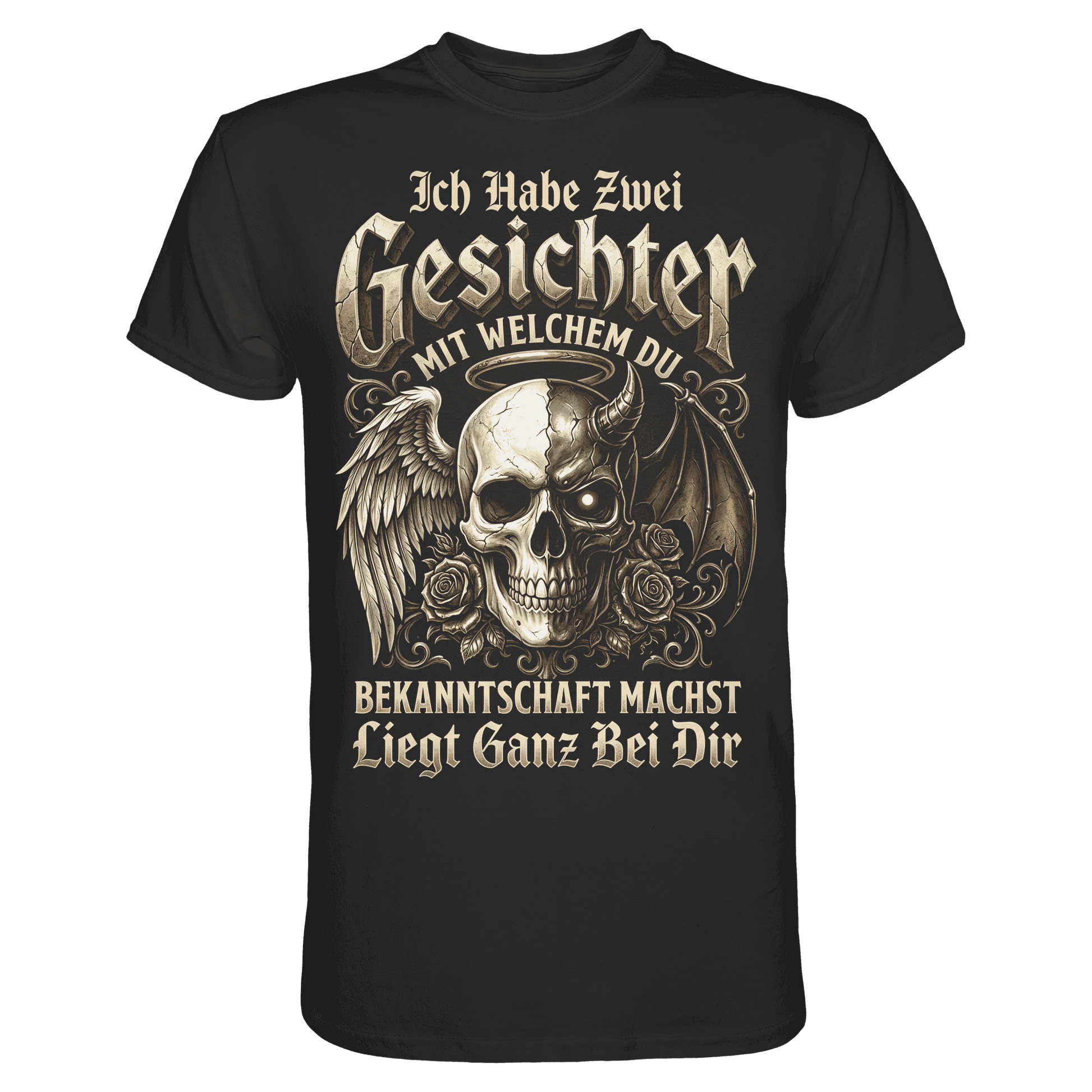 Schwarzes T-Shirt mit sarkastischem Engel Teufel Totenkopf Spruch