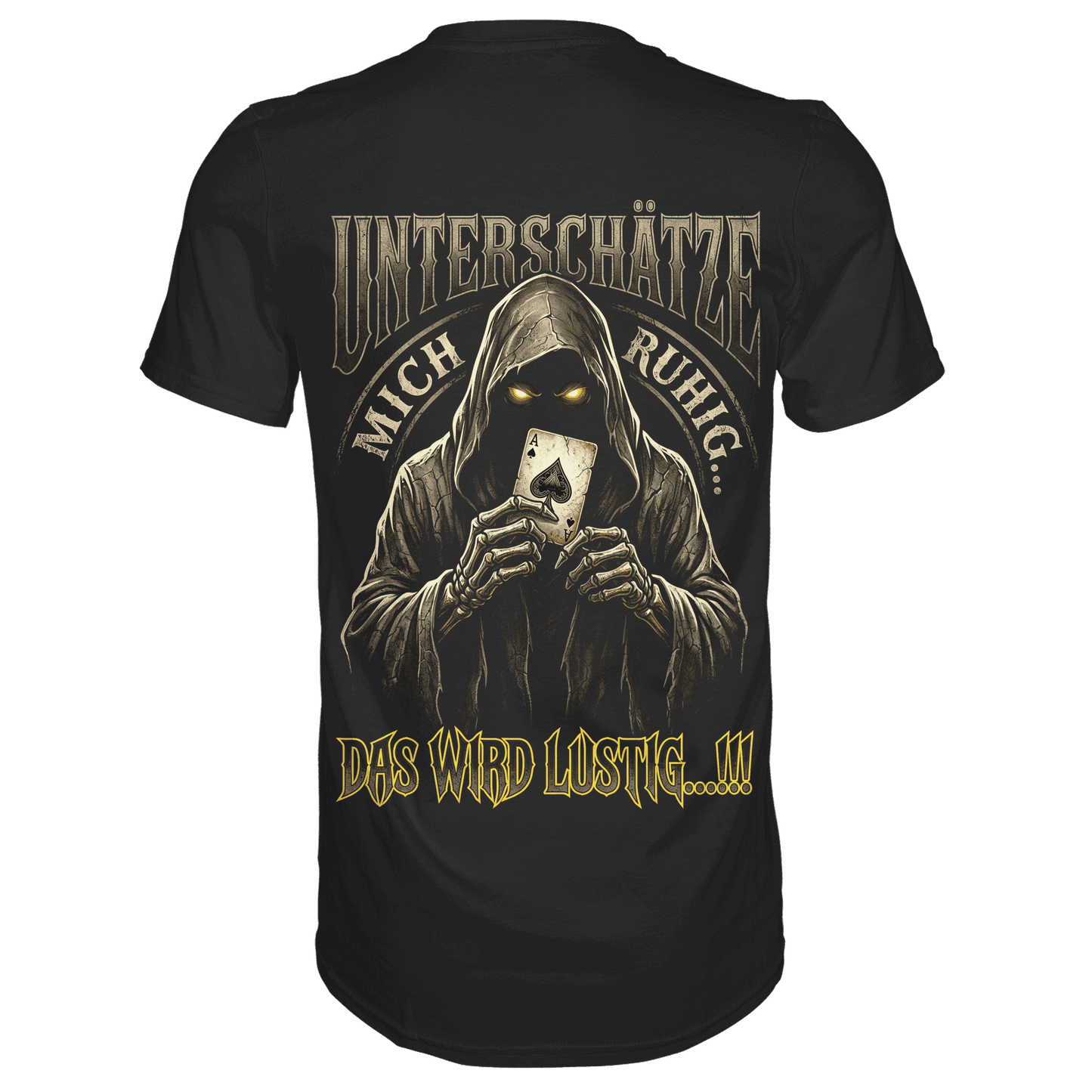 Schwarzes T-Shirt mit sarkastischem Spruch Unterschätze mich ruhig das wird lustig Rückansicht