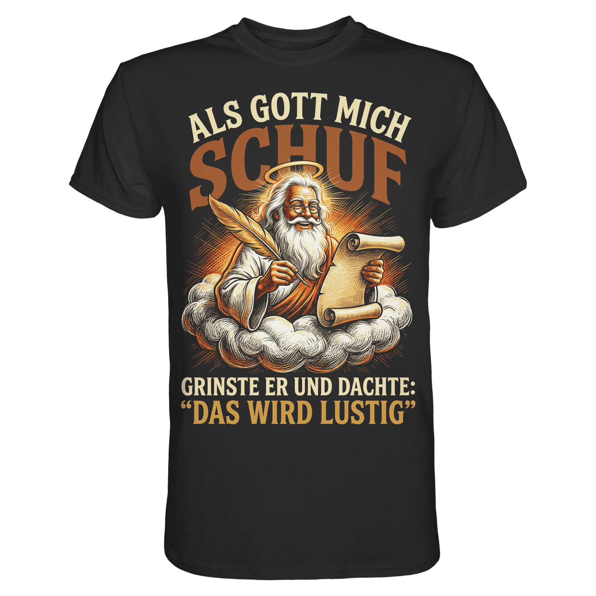 Schwarzes T-Shirt mit sarkastischem Engel Teufel Totenkopf Spruch