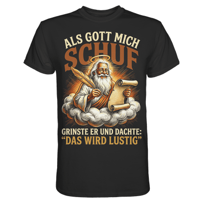 Schwarzes T-Shirt mit sarkastischem Engel Teufel Totenkopf Spruch