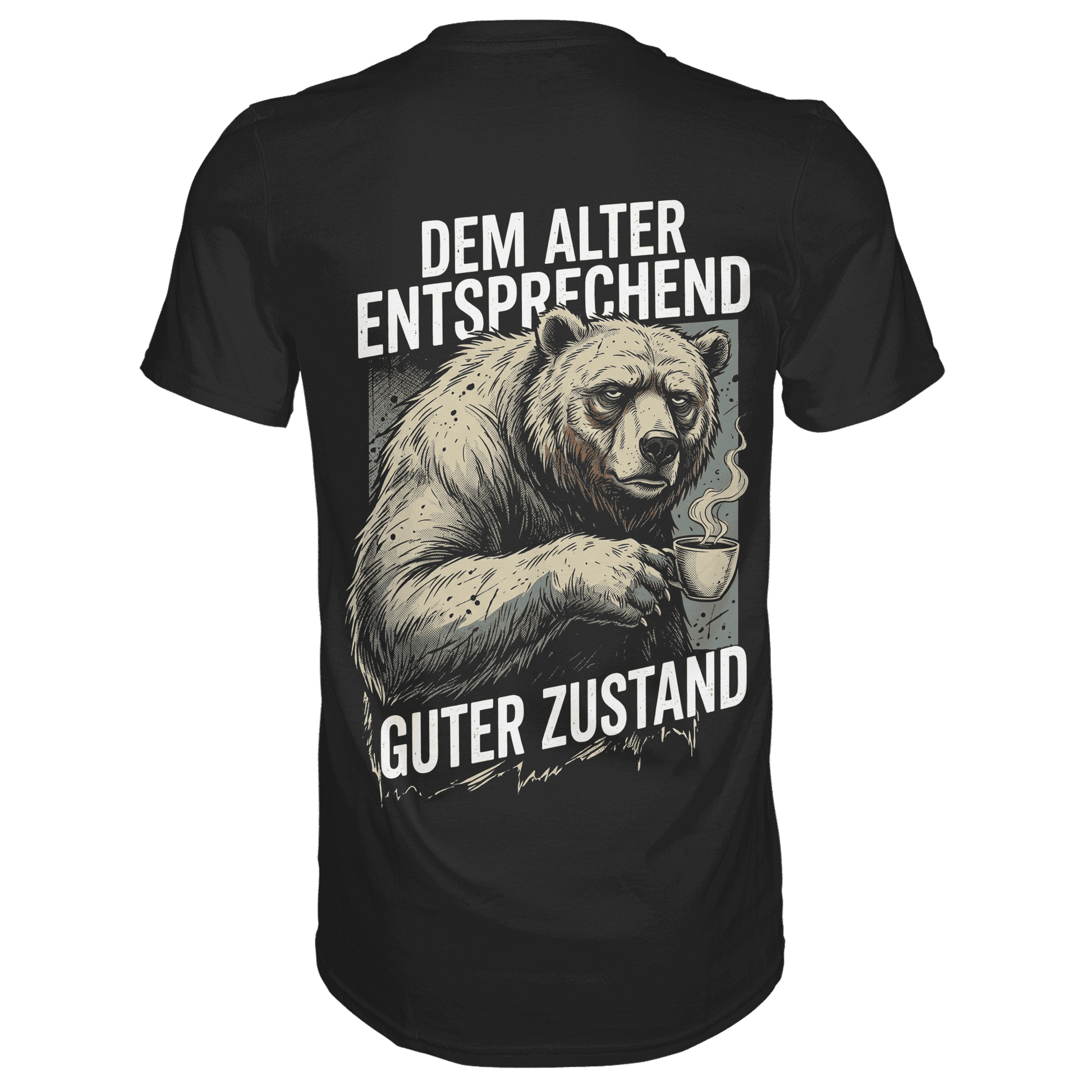 Schwarzes T-Shirt mit sarkastischem Spruch Dem Alter entsprechend guter Zustand Rückansicht