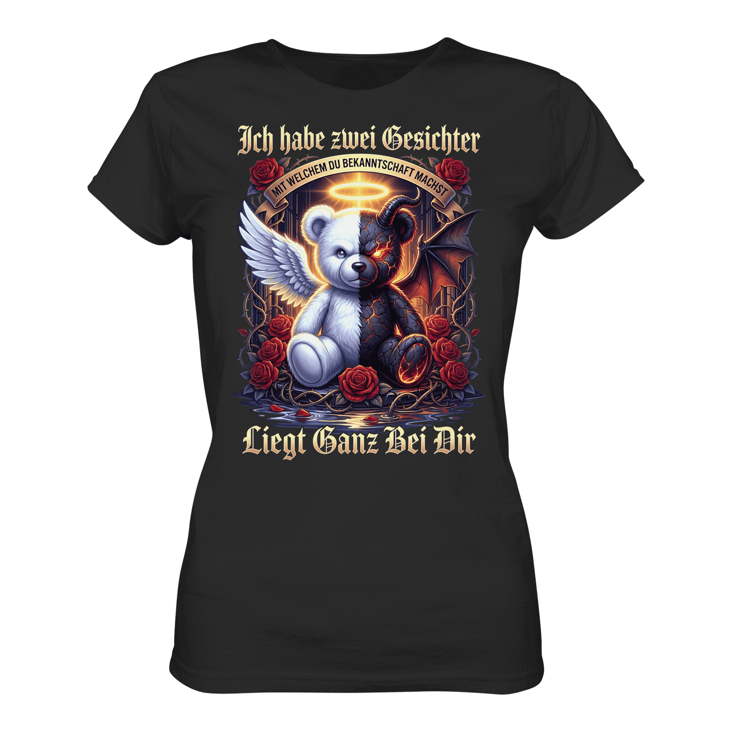 Schwarzes Ladies Shirt mit sarkastischem Engel Teufel Teddybär Spruch