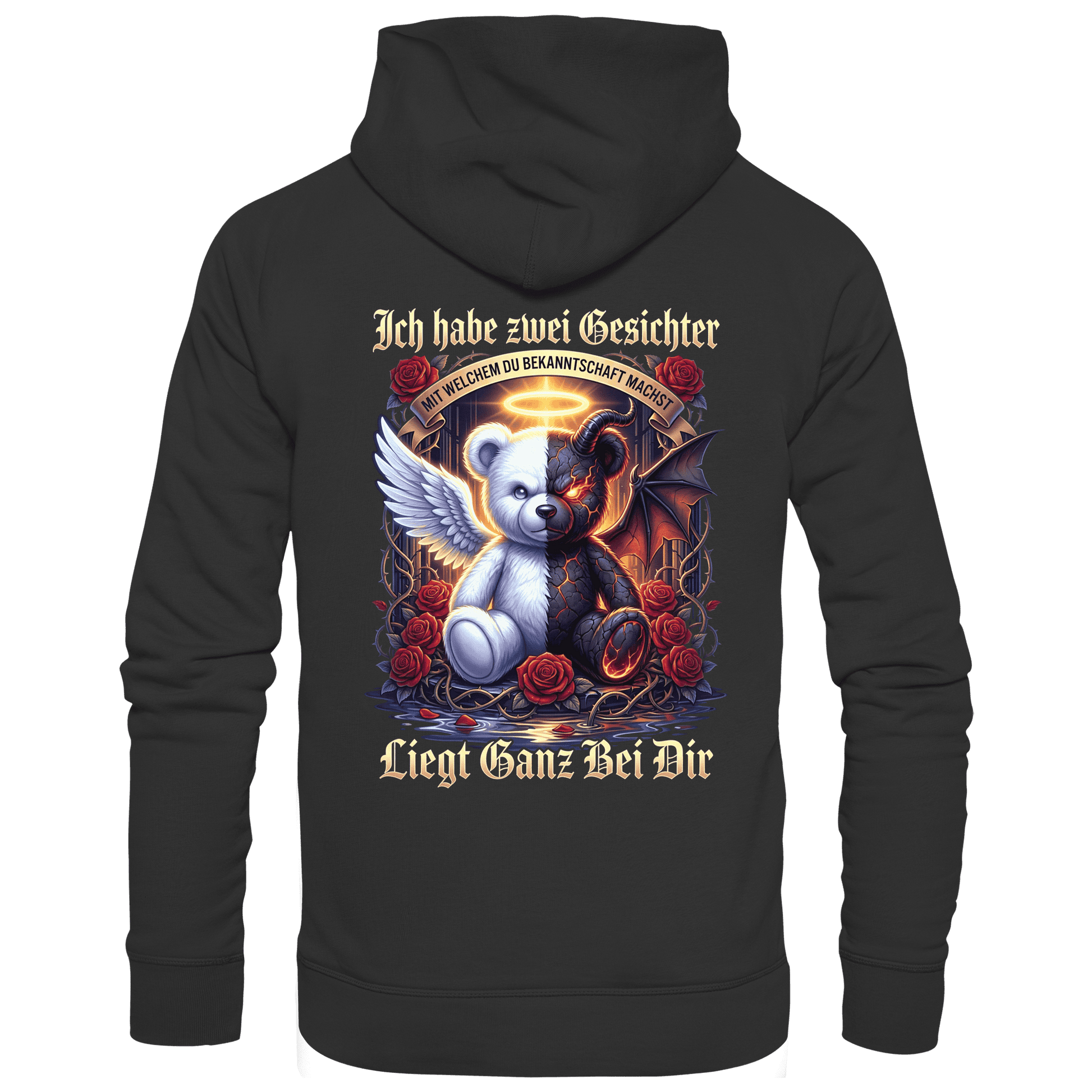 Schwarzer Hoodie mit sarkastischem Engel Teufel Teddybär Spruch Rückansicht