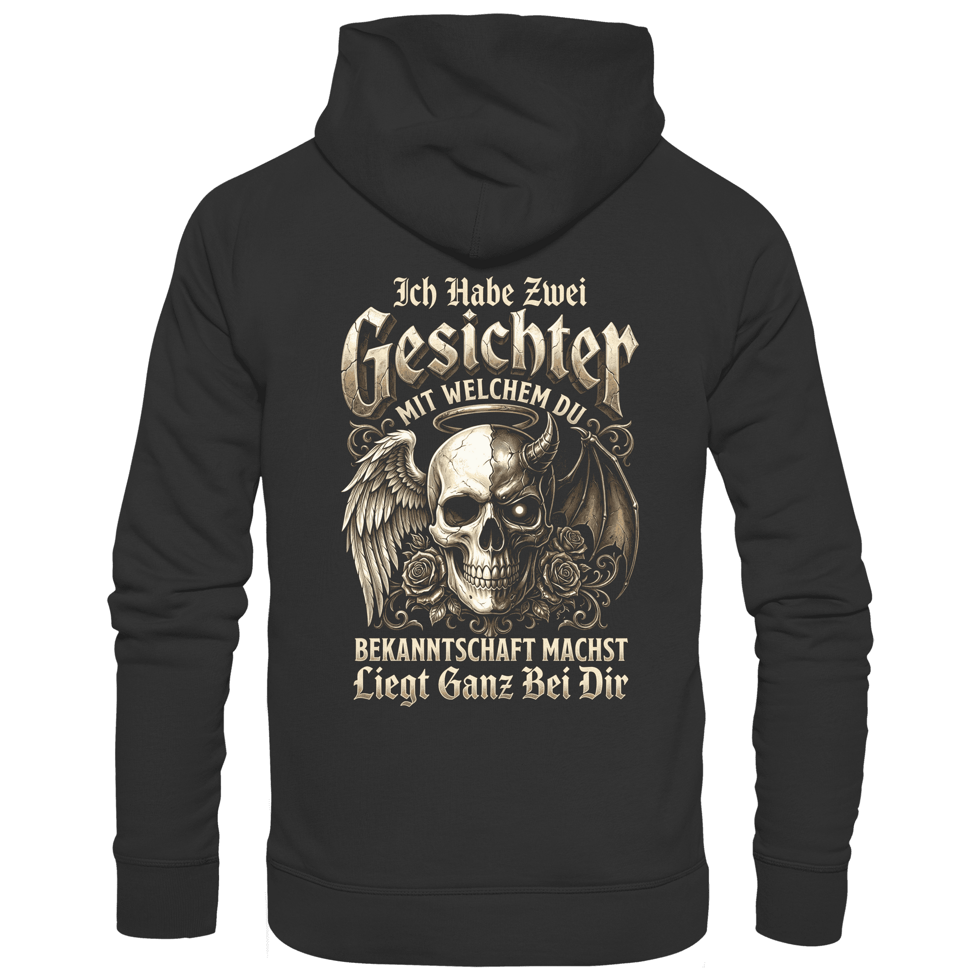 Schwarzer Hoodie mit sarkastischem Engel Teufel Totenkopf Spruch Rückansicht