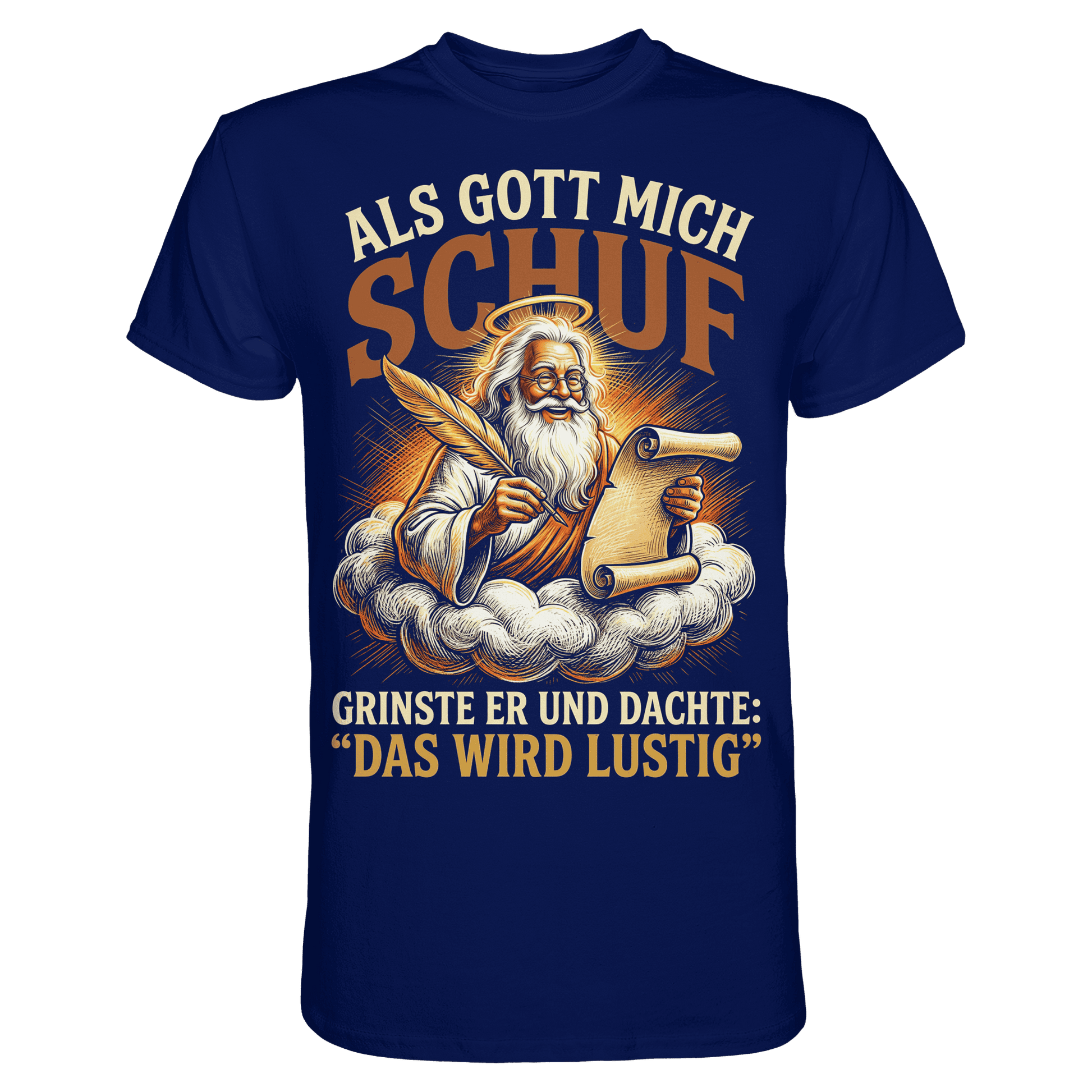 Blaues T-Shirt mit sarkastischem Engel Teufel Totenkopf Spruch