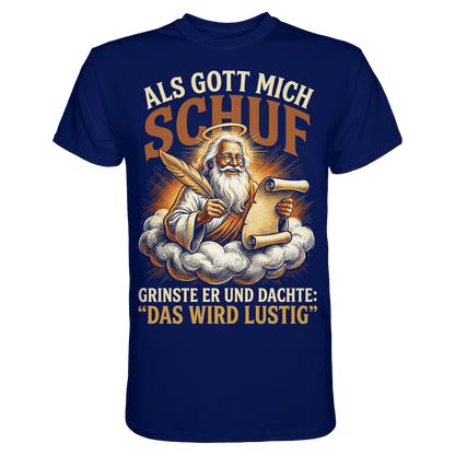 Blaues T-Shirt mit sarkastischem Engel Teufel Totenkopf Spruch
