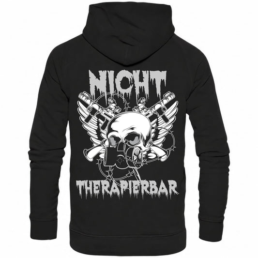 Rückansicht eines schwarzen Hoodies mit dem Spruch Nicht Therapierbar