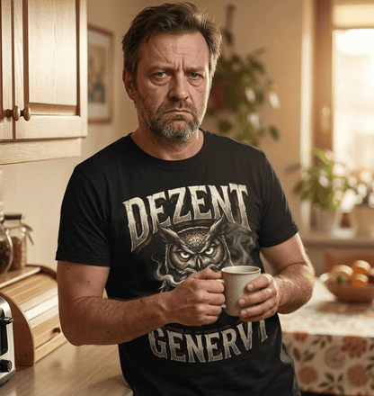 Mann trägt schwarzes T-Shirt mit grimmiger Eule und Spruch DEZENT GENERVT