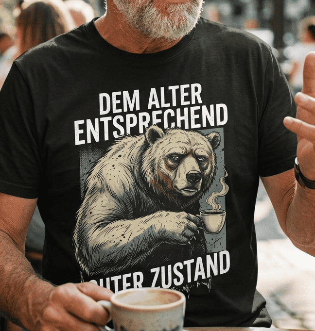Schwarzes T-Shirt mit grimmigem Bären Motiv und Spruch Dem Alter entsprechend guter Zustand