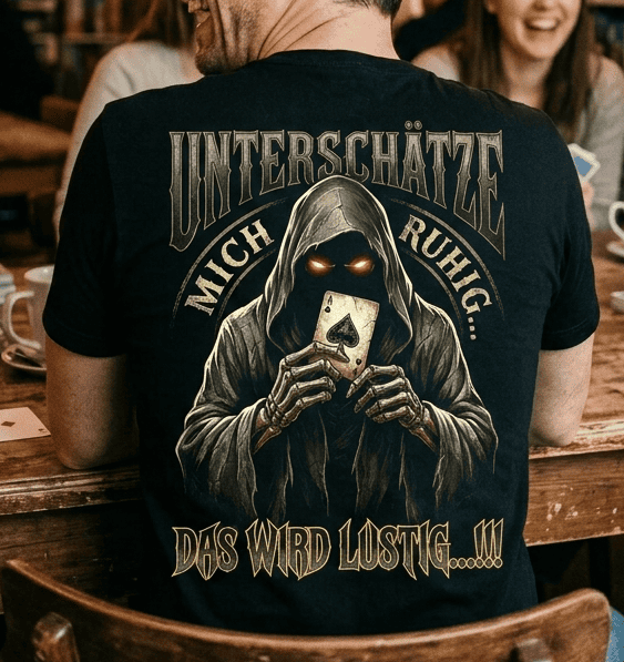 Rückansicht eines Mannes in schwarzem T-Shirt mit Spruch Unterschätze mich ruhig Das wird lustig...!!!