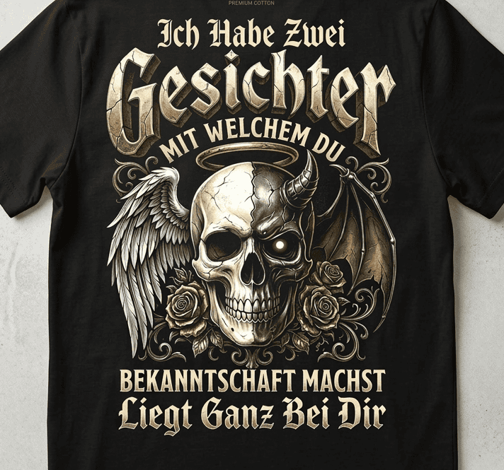 Rückansicht eines schwarzen T-Shirt mit sarkastischem Spruch und Engel-Teufel-Schädel-Motiv