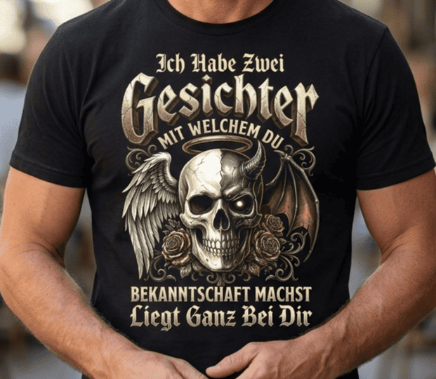 Mann trägt schwarzes T-Shirt mit humorvollem Engel-Teufel-Totenkopf-Motiv
