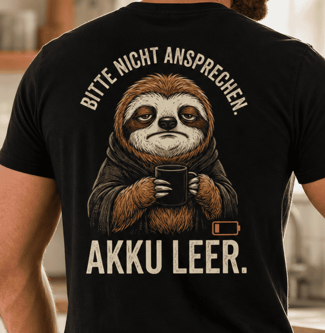 Rückansicht eines Mannes im schwarzen T-Shirt mit Spruch Bitte nicht ansprechen. Akku leer.