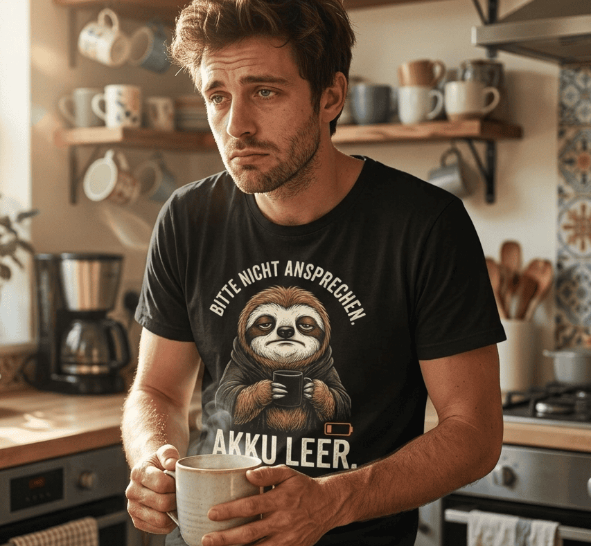 Mann trägt schwarzes T-Shirt mit Spruch Bitte nicht ansprechen. Akku leer. in einer gemütlichen Küche