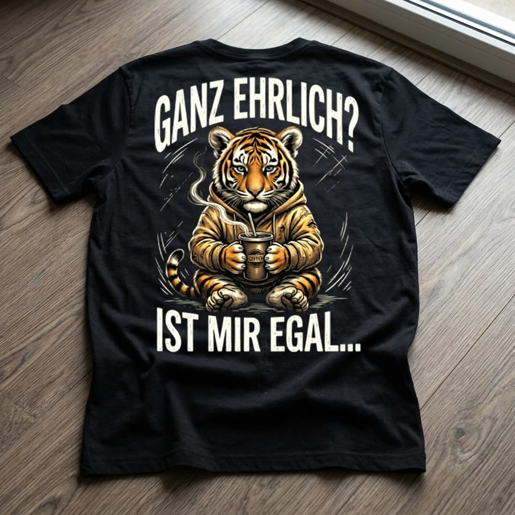 Schwarzes T-Shirt mit Spruch Ganz ehrlich? Ist mir egal... und Tiger-Motiv in Rückansicht