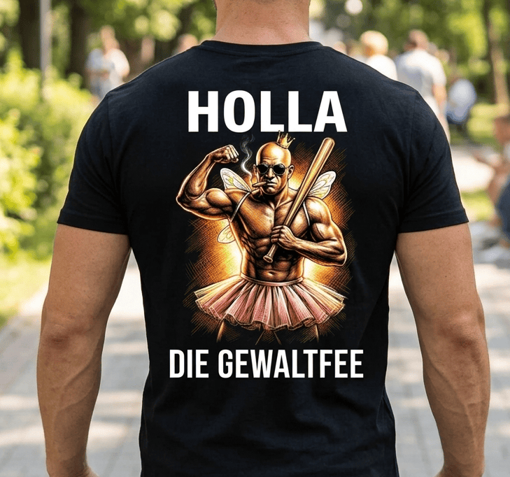 Rückansicht: Mann trägt schwarzes T-Shirt mit Spruch HOLLA DIE GEWALTFEE