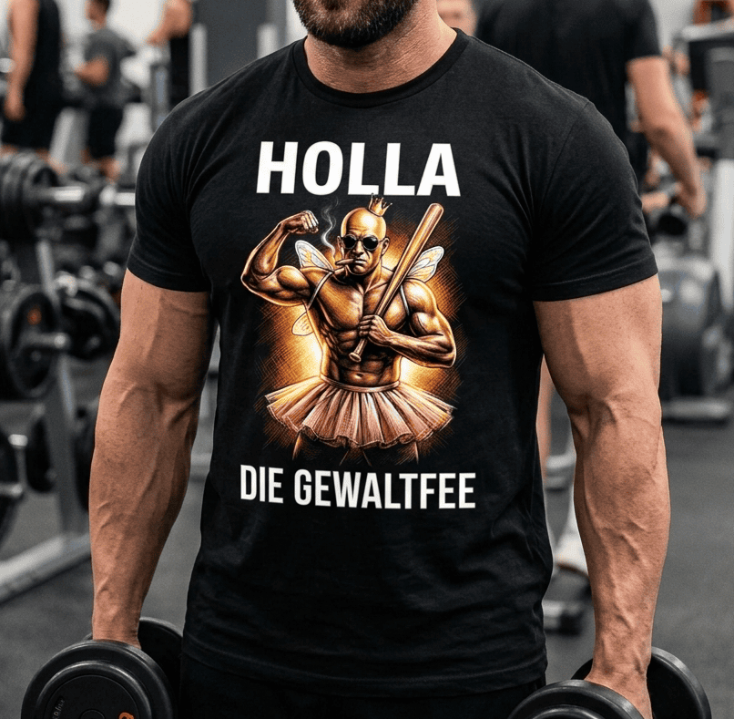 Schwarzes T-Shirt mit Spruch HOLLA DIE GEWALTFEE getragen von einem Mann.