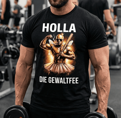 Schwarzes T-Shirt mit Spruch HOLLA DIE GEWALTFEE getragen von einem Mann.