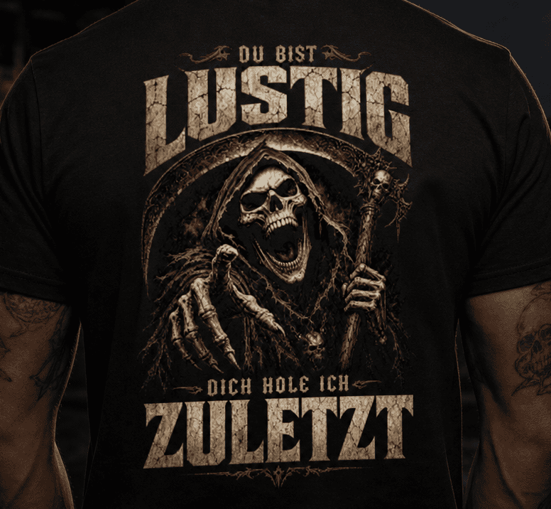 Schwarzes T-Shirt in Rückansicht mit humorvollem Sensenmann-Motiv und Spruch