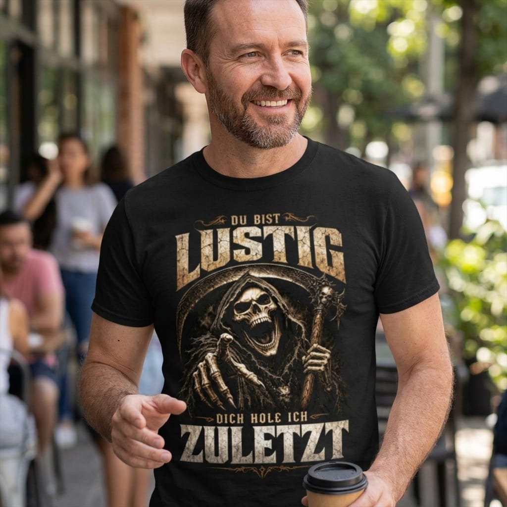 Mann trägt schwarzes T-Shirt mit Spruch Du bist lustig dich hole ich zuletzt