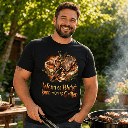 Mann trägt schwarzes T-Shirt mit Spruch Wenn es Blutet Kann man es Grillen