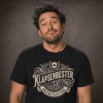 Schwarzes T-Shirt mit humorvollem Spruch Klapsenbester Anstaltsleitung getragen von einem Mann
