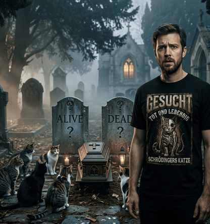 Mann trägt schwarzes T-Shirt mit Schrödingers Katze Motiv auf Katzenfriedhof