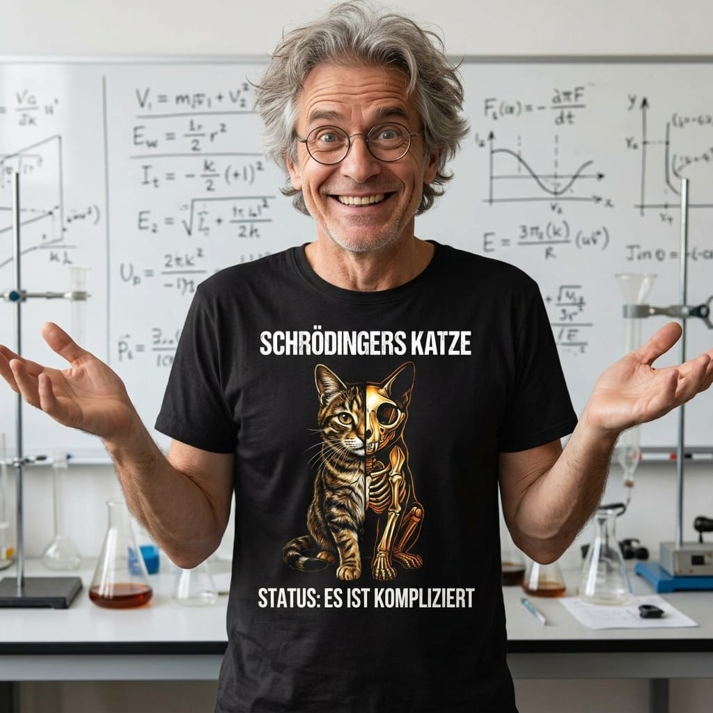 Schwarzes T-Shirt mit Schrödingers Katze Grafik und Spruch Status: Es ist kompliziert