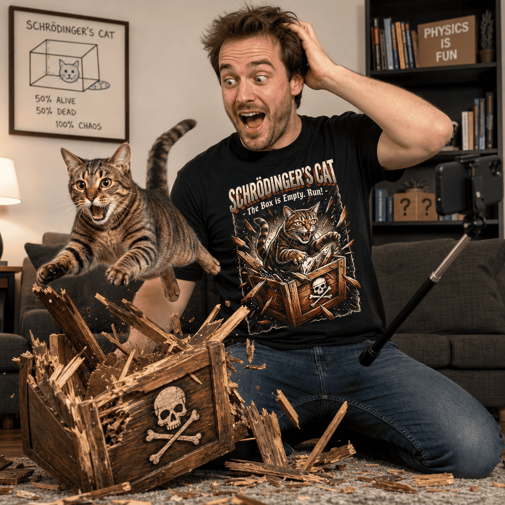 Mann trägt ein schwarzes T-Shirt mit humorvollem Schrödingers Katze Motiv.
