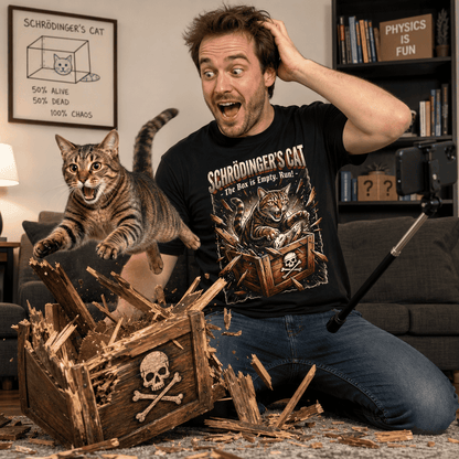 Mann trägt ein schwarzes T-Shirt mit humorvollem Schrödingers Katze Motiv.