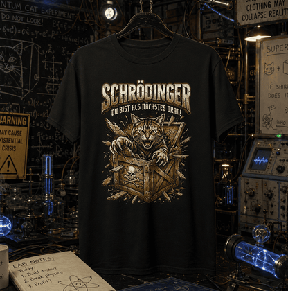 Schwarzes T-Shirt mit humorvollem Schrödingers Katze Motiv hängt in Physiklabor.