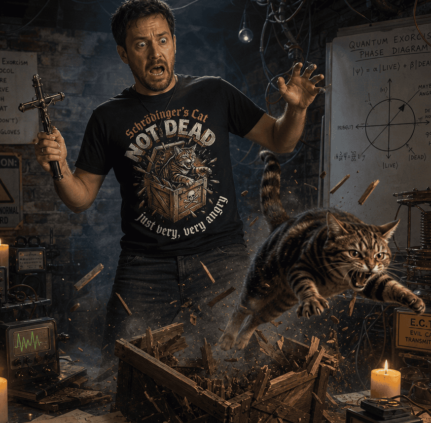 Mann mit schwarzem Shirt mit humorvollem Schrödingers Katze Motiv und wütender Katze.