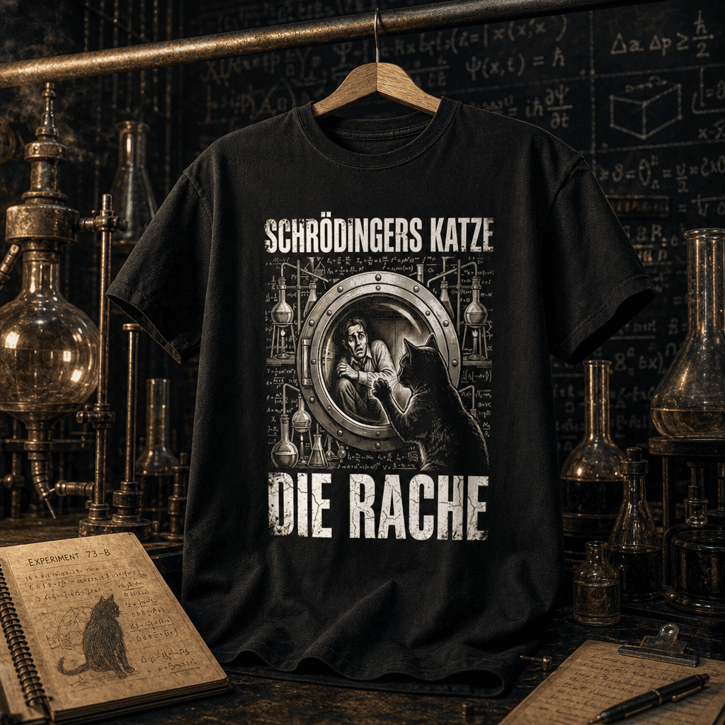 Schwarzes T-Shirt Mockup mit einem humorvollem Schrödingers Katze Design.