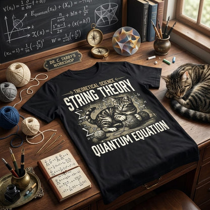 Schwarzes T-Shirt Mockup mit einem humorvollem String Theory Design.