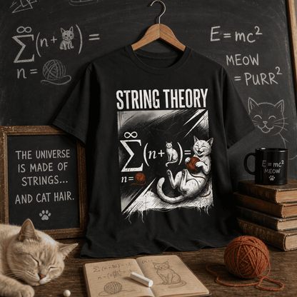 Schwarzes T-Shirt Mockup mit einem humorvollem String Theory Design.