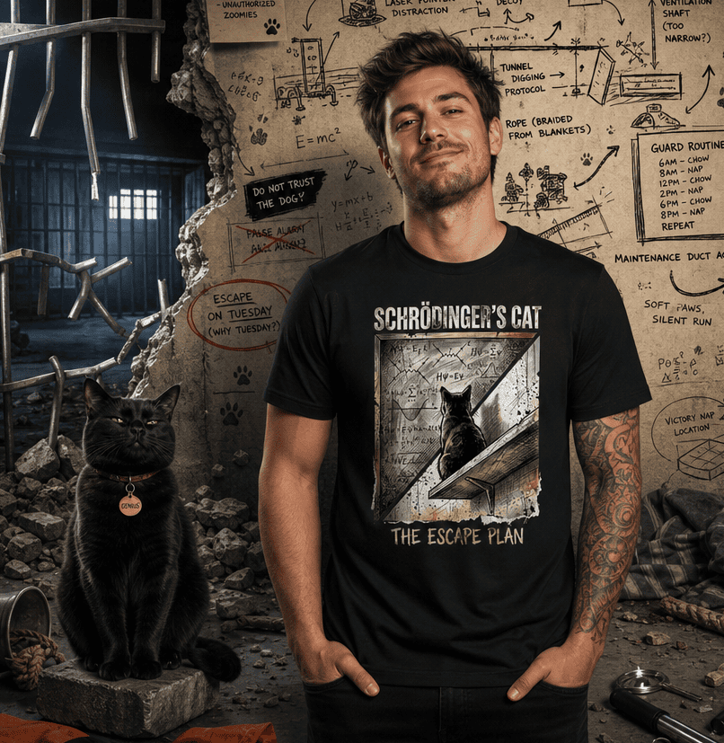 Mann mit einem schwarzen T-Shirt mit humorvollem Schrödingers Katze Motiv vor einem Gefängnisausbruch.