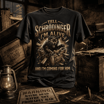 Schwarzes T-Shirt mit Spruch Tell Schrödinger I'm alive and I'm coming for him.
