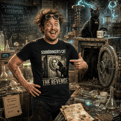 Verrückter Professor in Labor mit schwarzem Shirt und lustigen Schrödingers Katze Spruch.