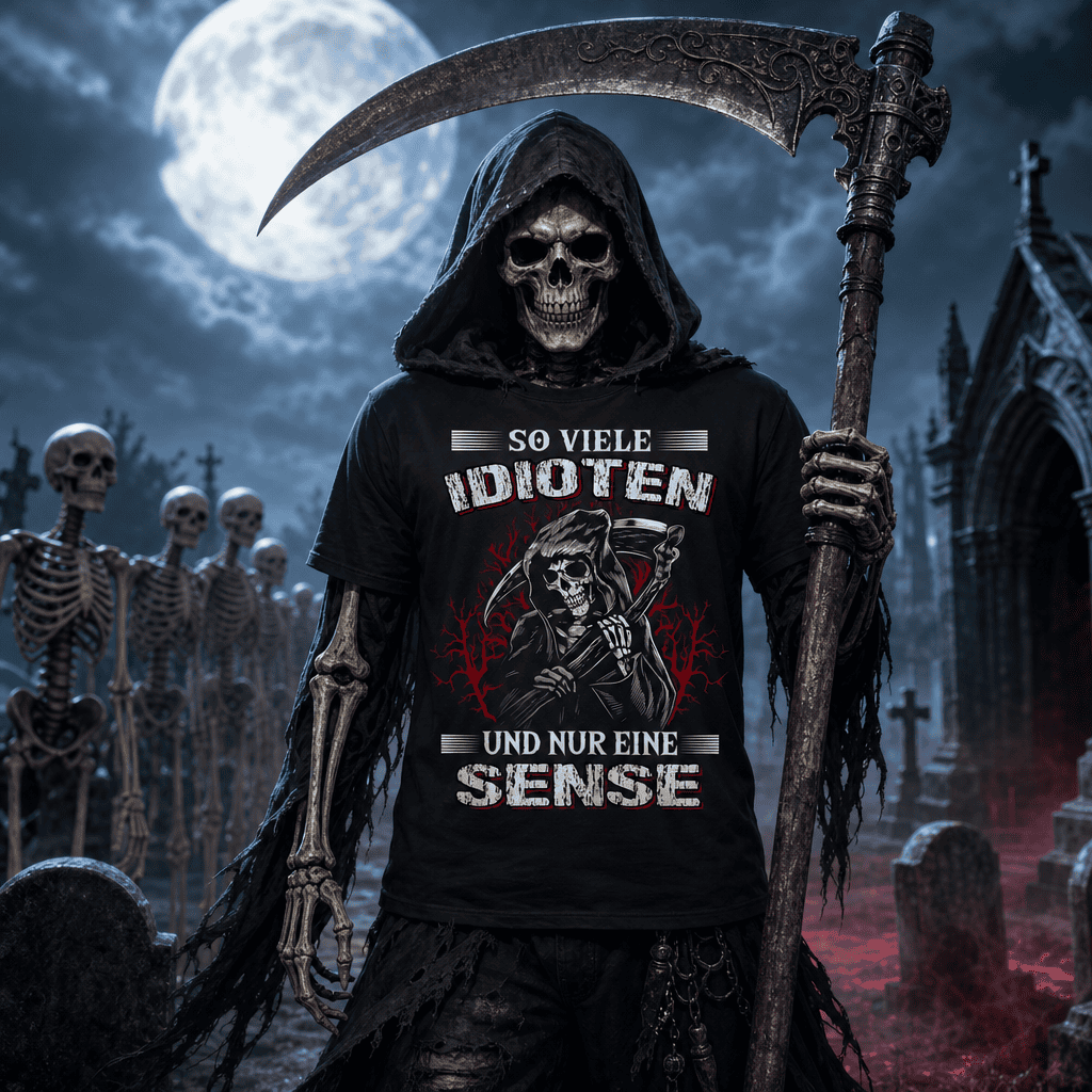 Person trägt schwarzes T-Shirt mit Spruch So viele Idioten und nur eine Sense auf Friedhof