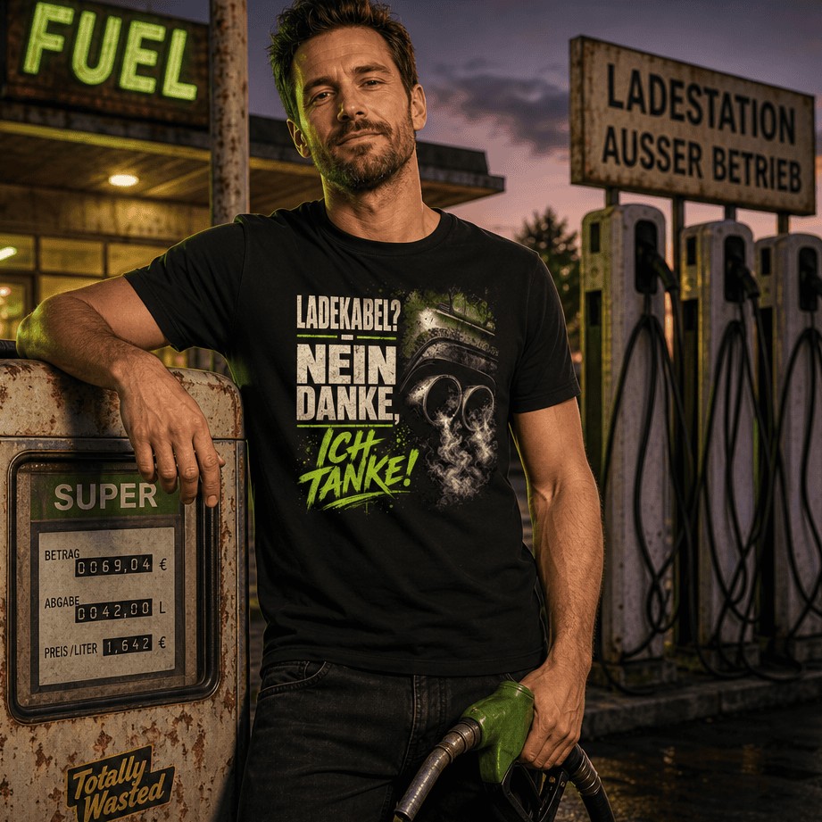 schwarzes T-Shirt mit humorvollem Spruch Ladekabel? Nein Danke, ich tanke!
