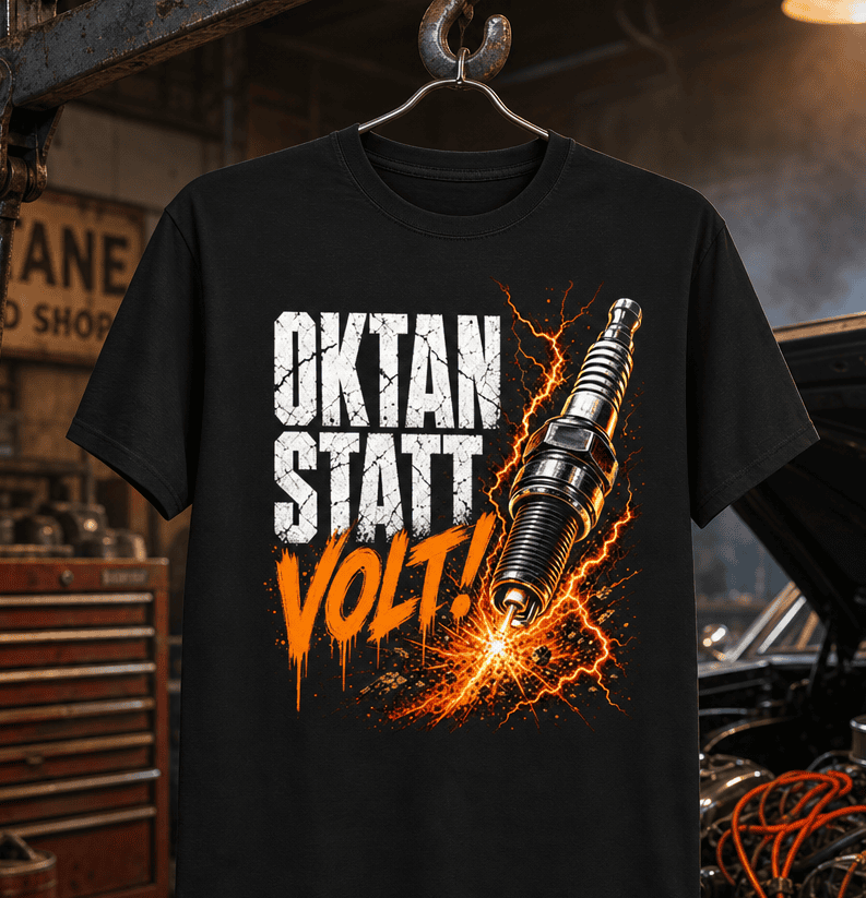 schwarzes T-Shirt mit lustigem Spruch Oktan statt Volt
