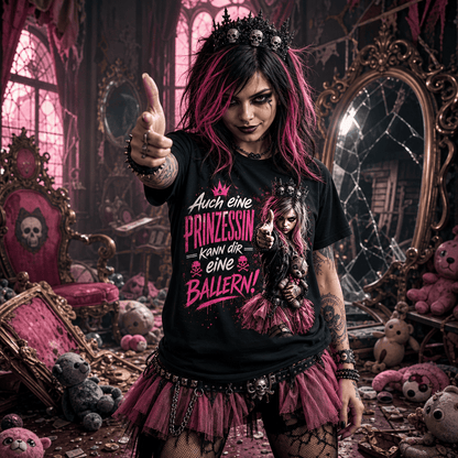 schwarzes T-Shirt mit humorvoller düsterer Prinzessinnen Illustration
