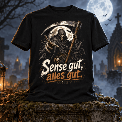 schwarzes T-Shirt mit humorvollem Spruch Sense gut, alles gut.