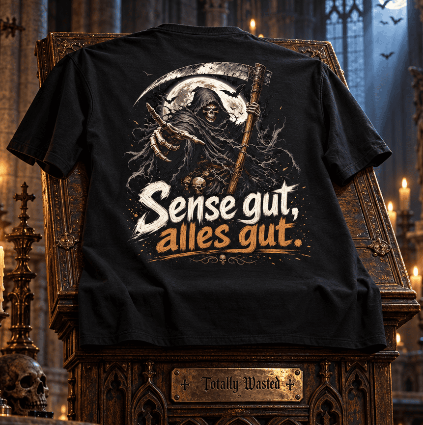 schwarzes T-Shirt mit humorvollem Spruch Sense gut, alles gut. Rückansicht