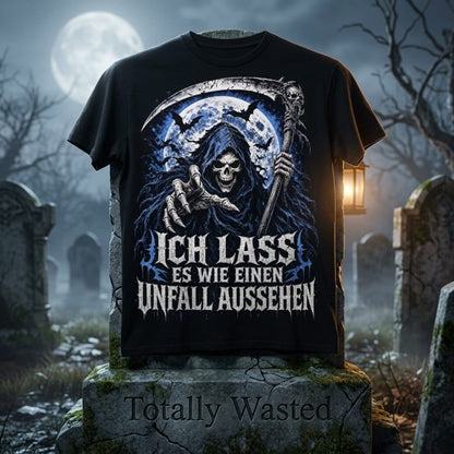 Schwarzes T-Shirt mit Sensenmann Illustration und Spruch Ich lass es wie einen Unfall aussehen